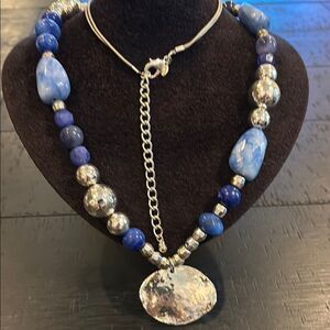 Chico’s Long Silver and Blue Beaded Chunky Hammered Pendant Leather Necklace